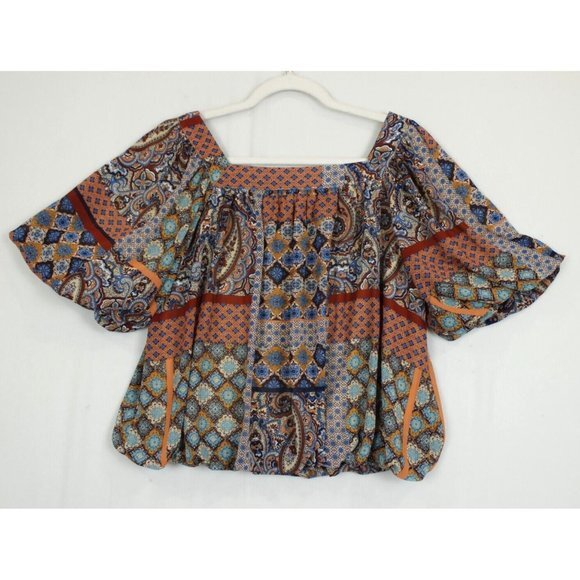 Entro Blouse Women M Boho Paisley Mixed Print Square Neck Flutter Sleeve Top - Picture 4 of 13
